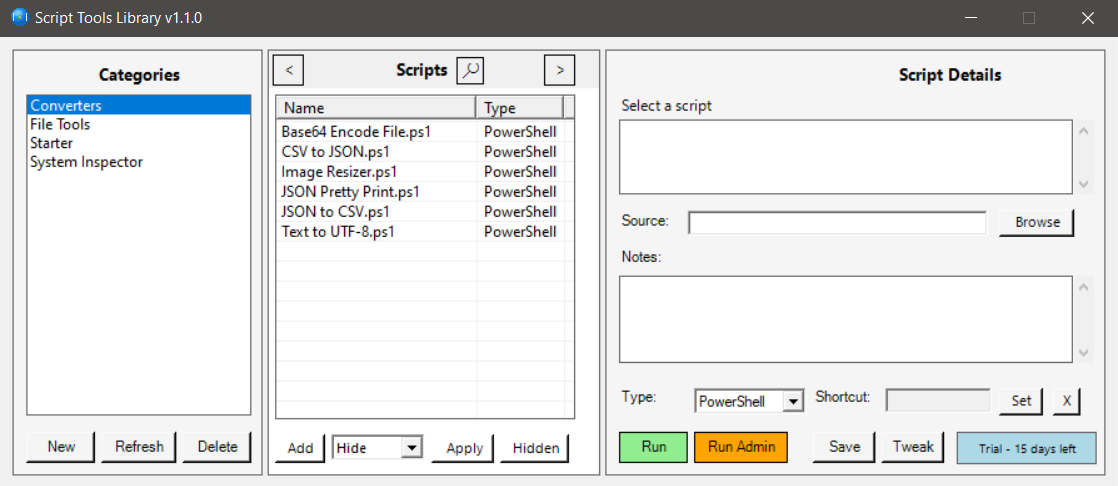 The Script Tools Library main window: categories on the left, scripts list in the middle, script details on the right
