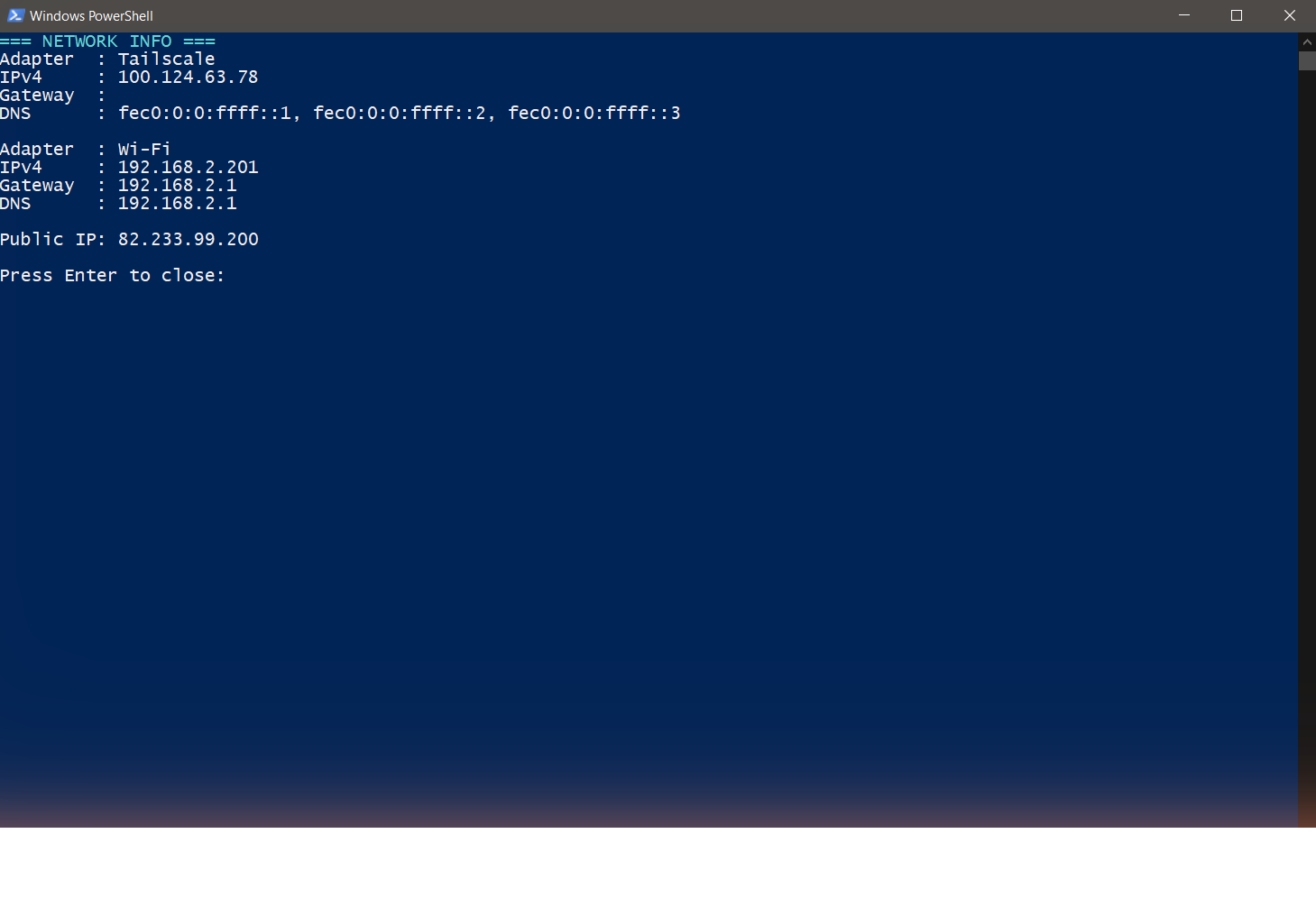 A script running in a PowerShell console window after clicking Run