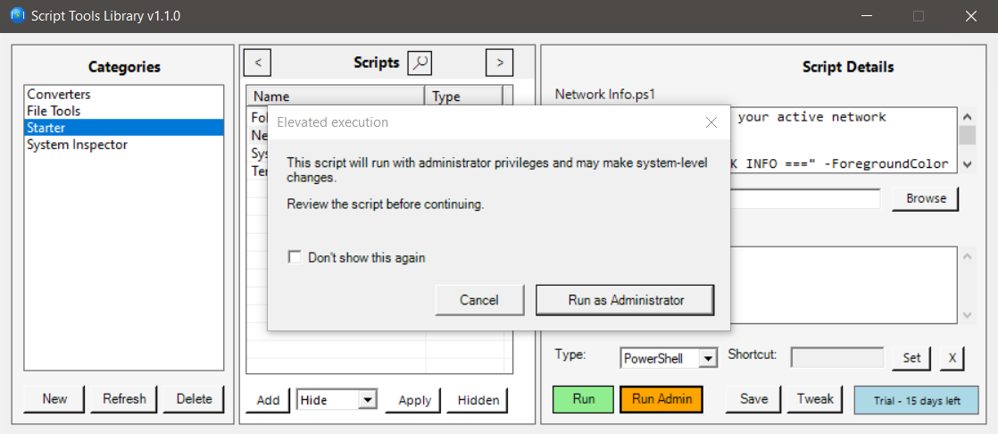 The Elevated execution consent dialog shown before any Run Admin launch