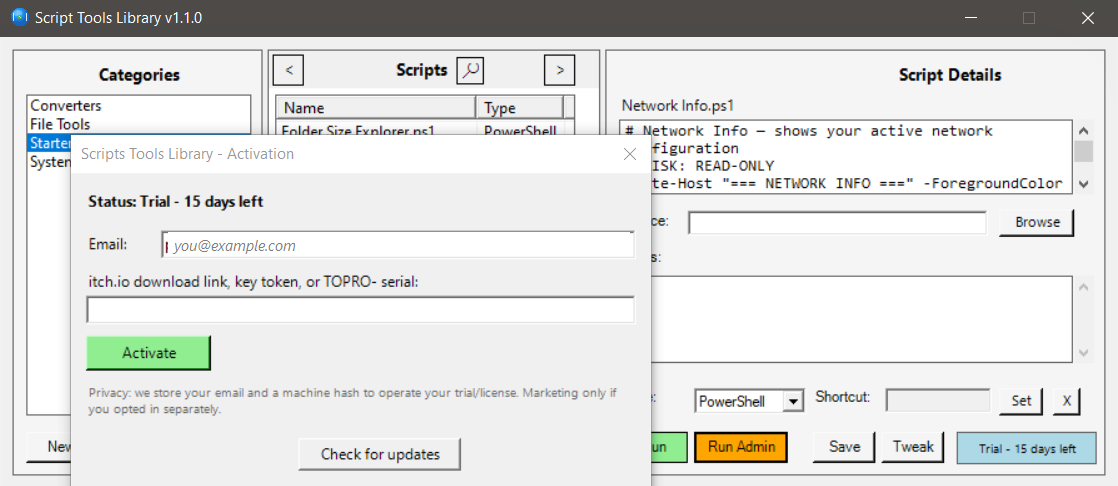 The activation dialog with fields for an itch.io key or serial, plus Deactivate this machine and Check for updates buttons